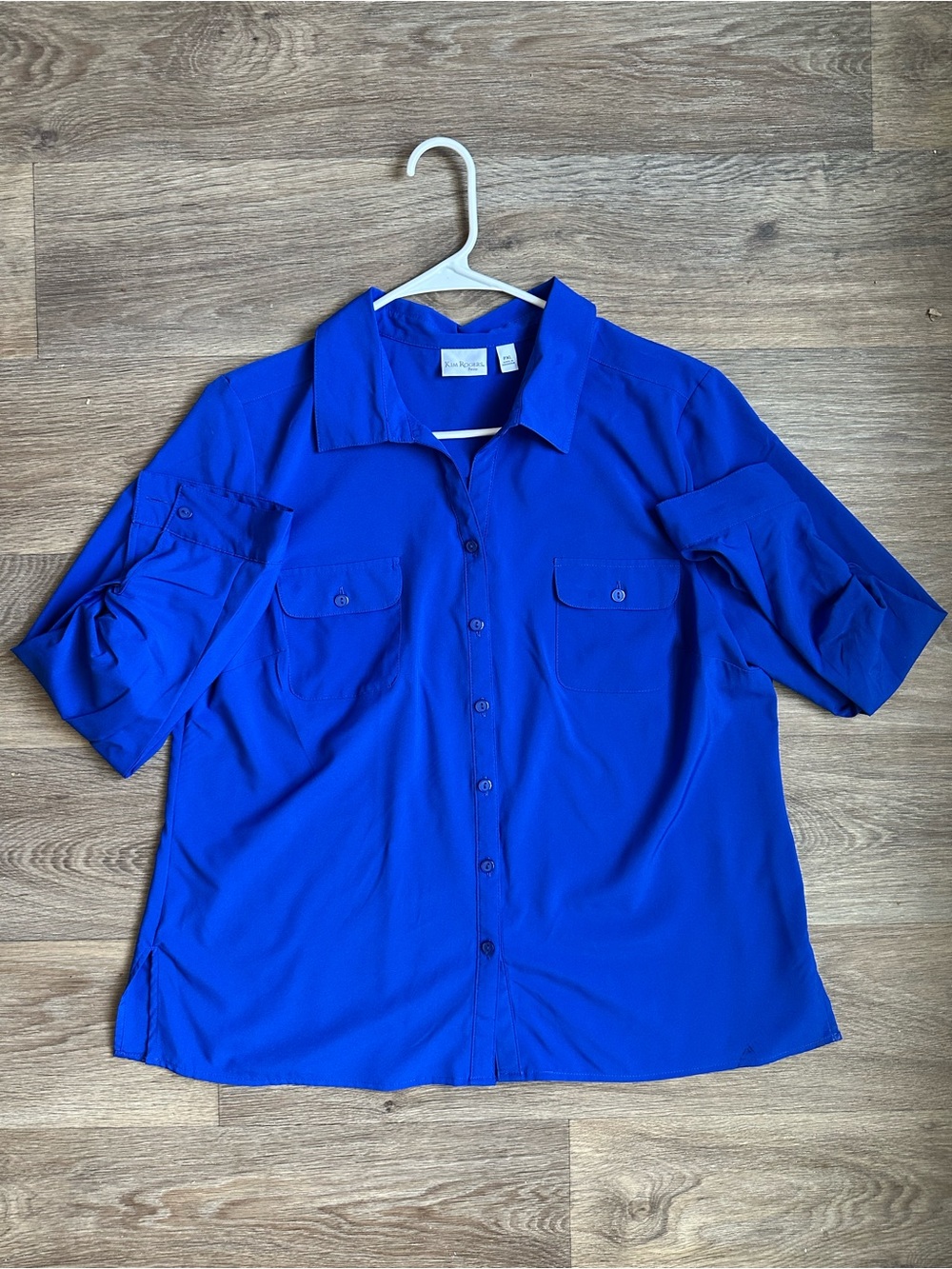 Kim Rogers Women’s Royal Blue Button Down Utility Blouse Size Petite XL Roll-Tab